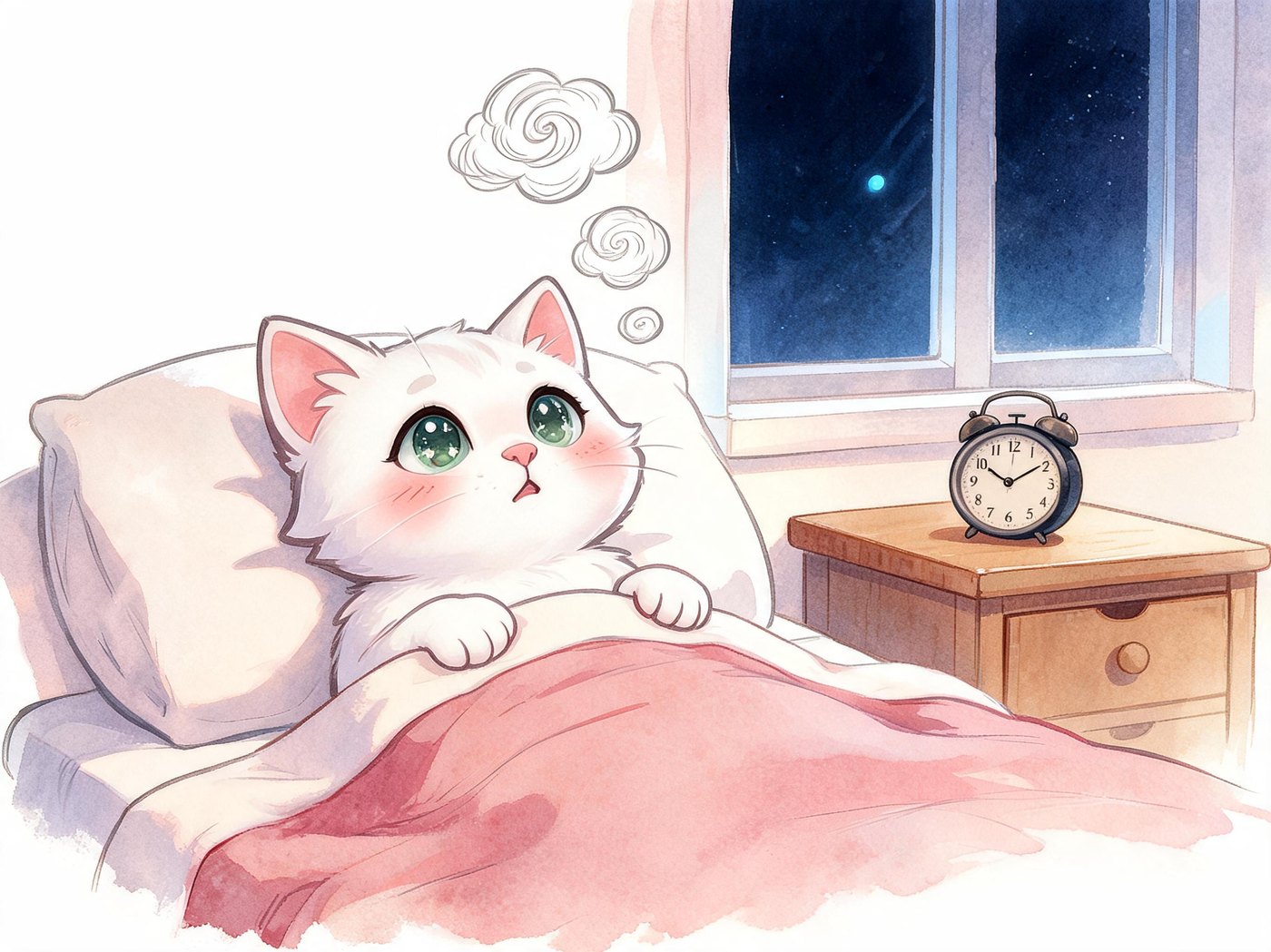 A kitten lying awake in bed at night, a clock on the bedside table